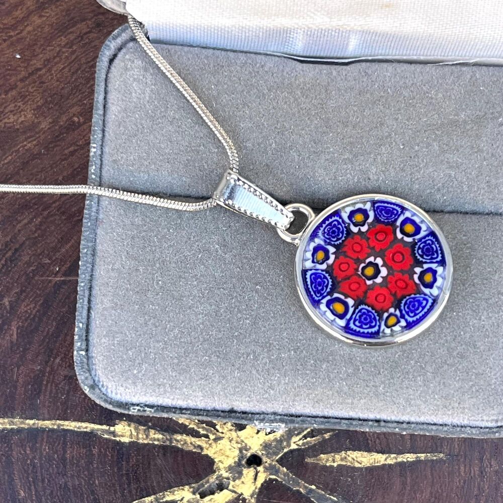Vintage Murano Millefiori Glass Necklace in sterling silver